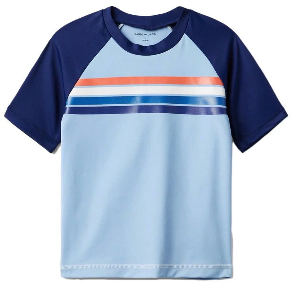 Janie and Jack Light Blue Rashguard with Navy Sleeves and Orange Stripe